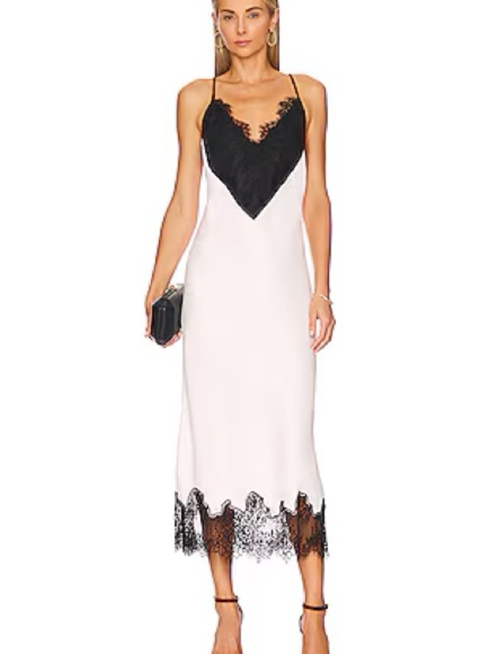 L'Academie White & Black Lace-Trim Slip Midi Dress